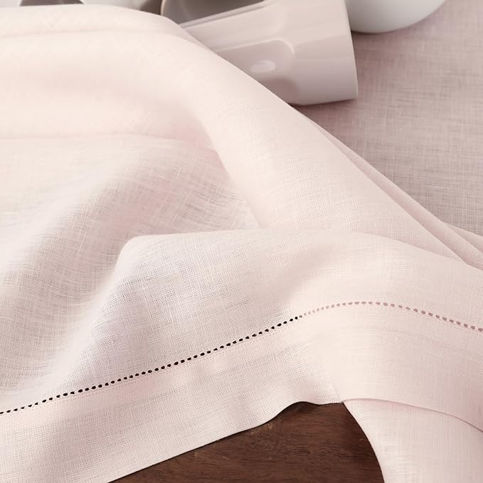 Solino Home Pink Linen Napkins Set of 6-100% Pure Linen Hemstitch Dinner Napkins 20 x 20 Inch for Valentines - Classic Hemstitch