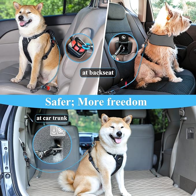 VIVAGLORY Dog Seat Belt Tuffbelt Dog Car Harness, Seatbelt with Clip & Hook for Car Travel, Chew Proof Anti Chew Unchewable Metal Safety Tether Restraint, S, Blue
