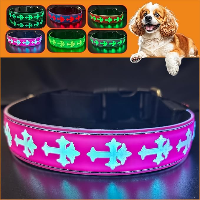 LED Dog Collar, USB Rechargeable, 15 Light Modes, Multi-Color Cross Pattern (Pink, L(15.7-19.7"))