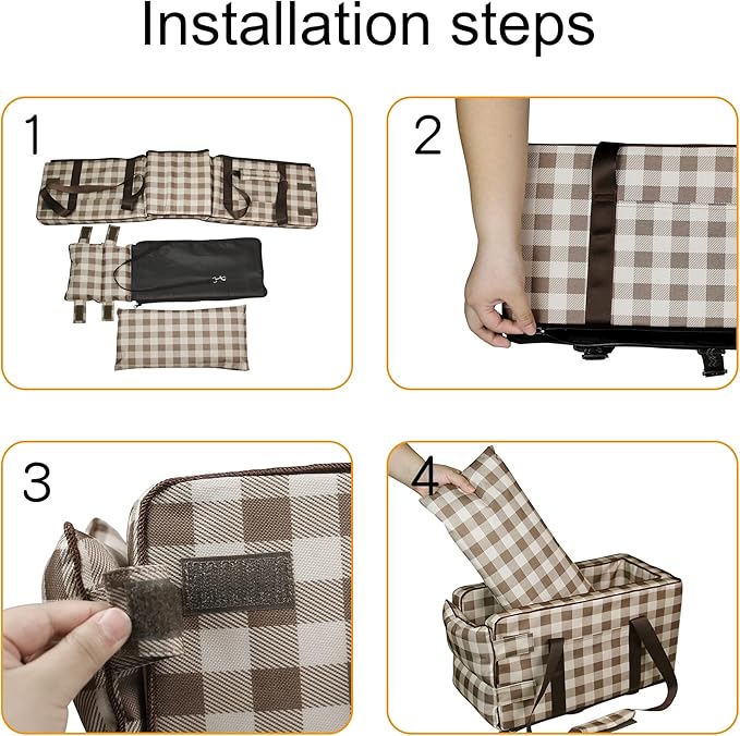 Pet Safety Booster Seat - Central Car Seat for Small Dogs & Cats | Removable & Washable Dog Travel Bed Bag | Adjustable Straps | Fits Car Console Armrests - Khaki