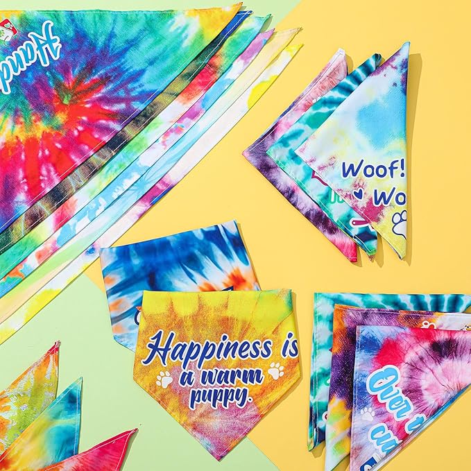 Sweetude 100 Pcs Tie Dye Dog Bandanas Bulk with Sayings Pet Triangle Scarf Bibs Washable Puppy Kerchief Adjustable Grooming Supplies for Small Medium Large Dog Cat Costume Accessories
