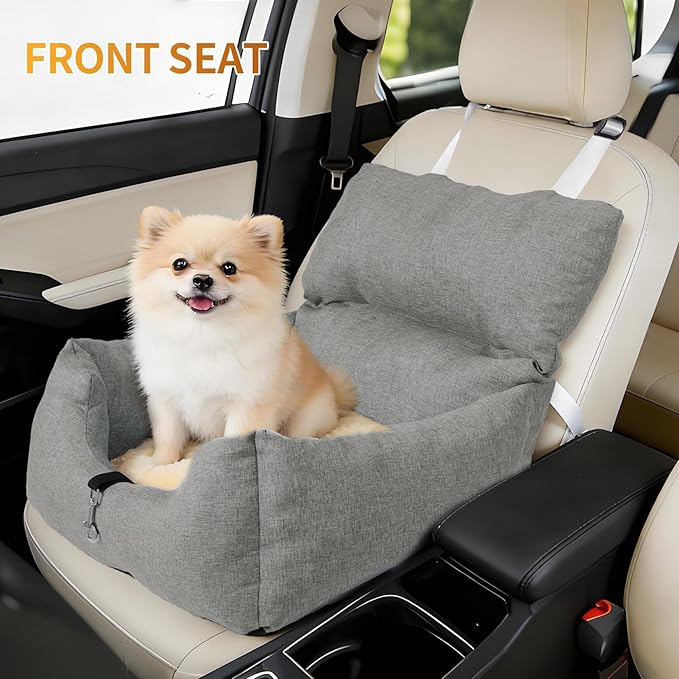 Dog Booster Car Seat Bed for Small Dogs Up to 18 LB, Portable Elevated Puppy Travel Car Seat with Tether & Reversible Cushion for Front and Back Use, Grey