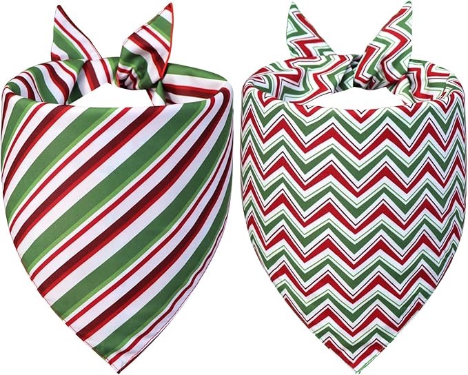 Christmas Dog Bandanas 2-Pack for Medium Large Dogs - Reversible Santa & Stripes Print Scarf, Red & Green Pet Costume Accessory for Holiday Parties