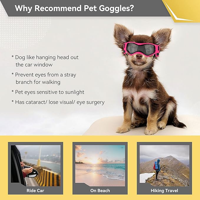 Namsan Dog Goggles Small Breeds, UV Protection Dog Glasses for Small Dogs, Puppy Sunglases Windproof Dustproof Driving Eye Protection, Adjustable, Cool Pink