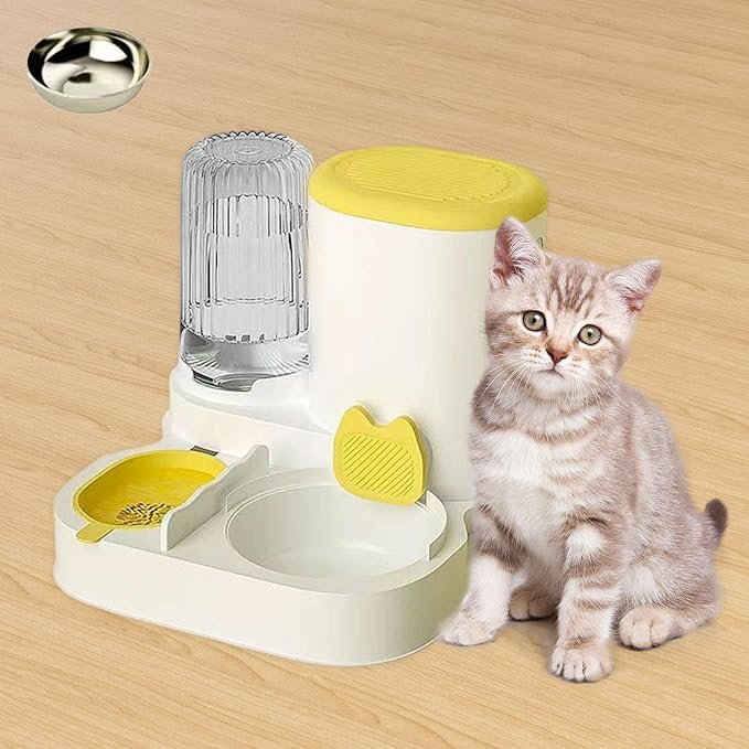 Automatic Dog Feeder and Water Dispenser,Automatic Pet Feeder,Drinking,Detachable Household Food Feed for Bunny Small Animals, Yellow