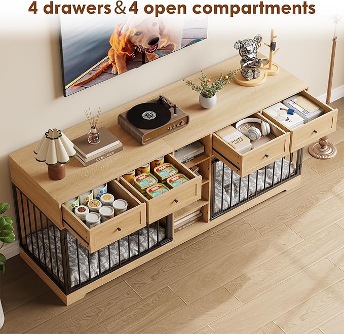 IDEALHOUSE 82” Large Dog Crate for 2 Dogs, Dog Kennel Indoor with 4 Drawers and Shelves, Double Dog Crate Furniture TV Stand, Wooden Dog Cage for Medium Large Dogs, Natural