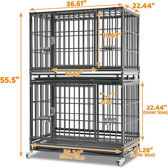 Homey Pet Two Tiers 37 Inch Dog Crate Cage Kennel with Feeding Bowls, Lockable Wheels and Removable Tray, Escape Proof Metal Wire Heavy Duty Dog Crates for Medium/Small Sized Dogs (2 Pack)