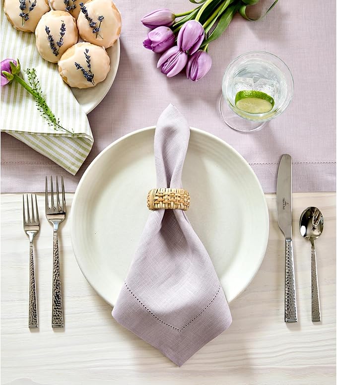 Solino Home Linen Napkins Set of 6 - Classic Hemstitch 100% Pure Linen Lilac Dinner Napkins Cloth 20 x 20 Inch for Valentines - Handcrafted and Machine Washable