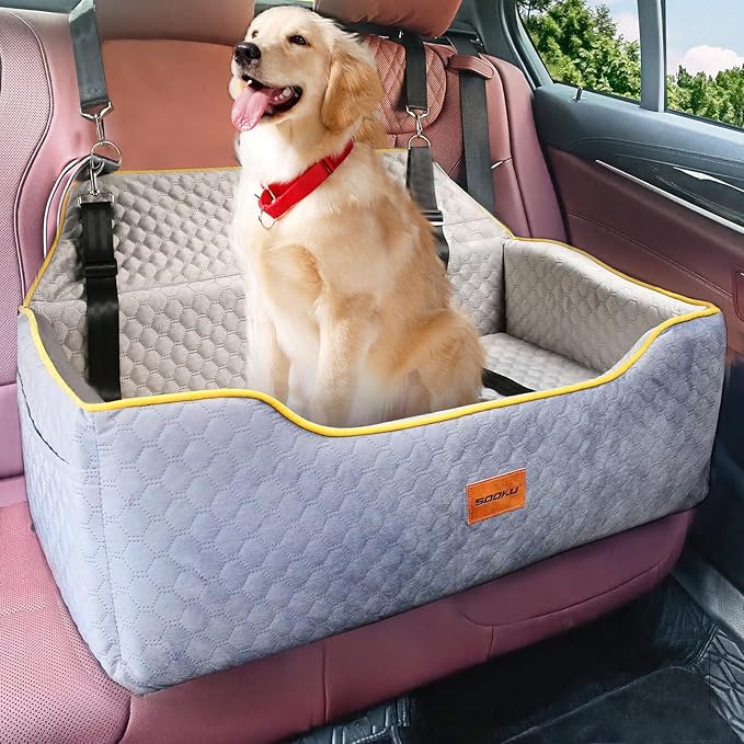 Car Seat for Large/Medium Dogs or 2 Small - Memory Foam Bed, Pet Safety Booster for Back Seats, Detachable Washable, Carriers Travel
