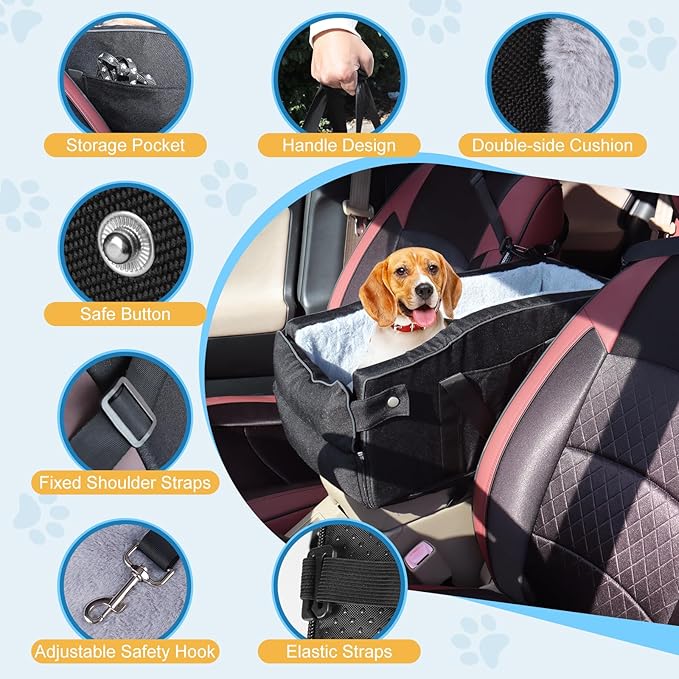 Center Console Dog Car Seat for Small Dogs Up to 12lbs, Portable Middle Console Dog Booster Car Seat with Adjustable Straps & Storage Pocket (Black)