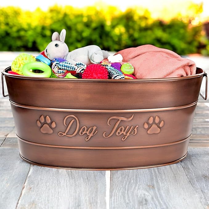 BREKX Indestructible Metal Dog Toy Bin - Galvanized Metal Bin with Handles for Accessory Storage - Pet Toy Basket, Blanket Basket - Storage Dog Toy Box, Farmhouse Decor (Copper - 25 Quart)
