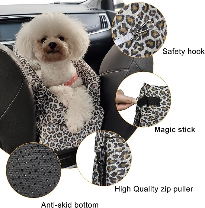 Pet Safety Booster Seat, Center Console Car Seat for Small Dogs Cats, Puppy Armrest Booster Seat, Pet Washable Travel Armrests Bed Bag, Removable Dog Car Seat for Small Pets Up to 13 Lbs (Leopard)