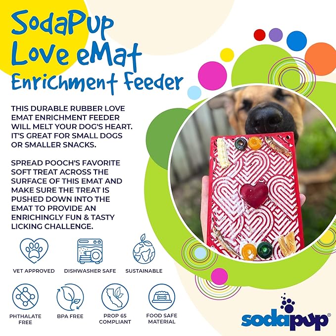 SodaPup Love eMat – Durable Lick Mat Feeder Made in USA from Non-Toxic, Pet-Safe, Food Safe Rubber for Mental Stimulation, Avoiding Overfeeding, Fresh Breath, Digestive Health, Calming, & More