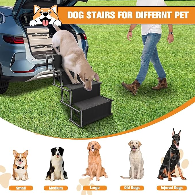 Dog Stairs for Large Dogs - Extra Wide Dog Steps for Car Big Size, SUV & Trucks - Glow in The Dark Marking - Foldable Dog ramp for Car - Non-Slip Surface - Dog ramps for Large Dogs - 4 Steps