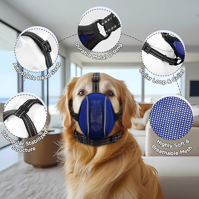Dog Muzzle - Soft Breathable Mesh Nylon Adjustable Muzzle for Small Medium Large Dogs | Prevents Chewing,Biting & Scavenging | Allows Panting, Drinking & Grooming | Secure Collar Strap Design(Blue M)