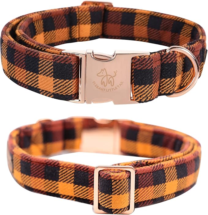 Elegant little tail Fall Dog Collar, Autumn Pet Collar Durable Yellow Plaid Dog Collars Male or Female Holiday Pet Gift Adjustable Dog Collar for Medium Dogs
