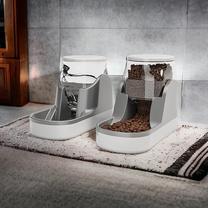 2 Pack Automatic Dog Cat Feeder and Water Dispenser Gravity Food Feeder (Grey)