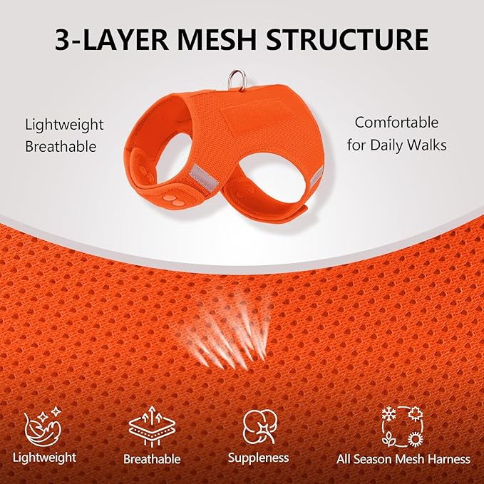 Dog Harness for Puppy – Adjustable Reflective Easy Put On Soft Mesh Vest for Small Dogs with 2 Patches (Orange,L)