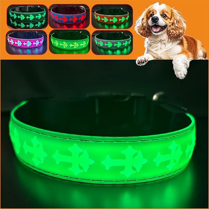 Pet Collar with AirTag Holder and ID Tag, 15 Lighting Modes, Waterproof Cross Pattern Design, Multiple Colors (Green, L(15.7-19.7"))