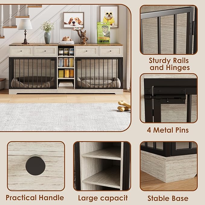IDEALHOUSE 82" Large Dog Crate for 2 Dogs, Dog Kennel Indoor with 4 Drawers and Shelves, Double Dog Crate Furniture TV Stand, Wooden Dog Cage for Medium Large Dogs, Washed White