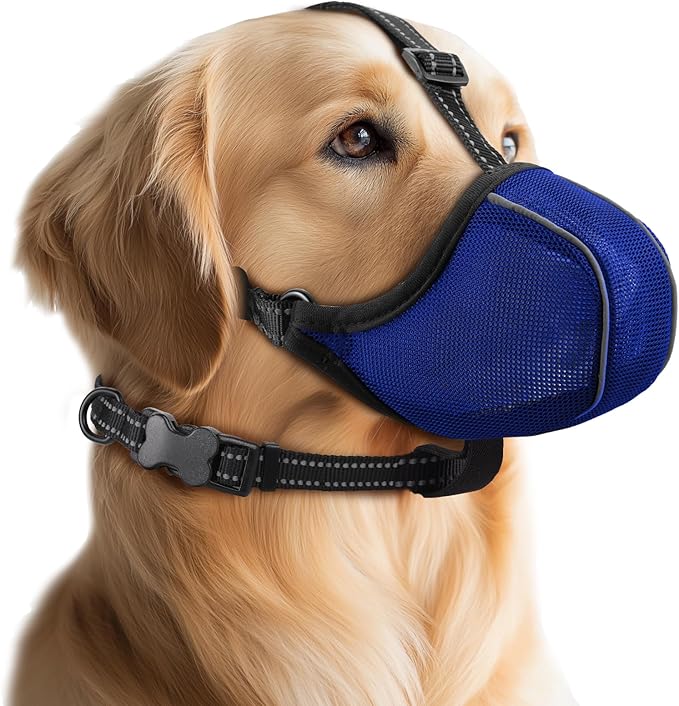 Dog Muzzle - Soft Breathable Mesh Nylon Adjustable Muzzle for Small Medium Large Dogs | Prevents Chewing,Biting & Scavenging | Allows Panting, Drinking & Grooming | Secure Collar Strap Design(Blue L)