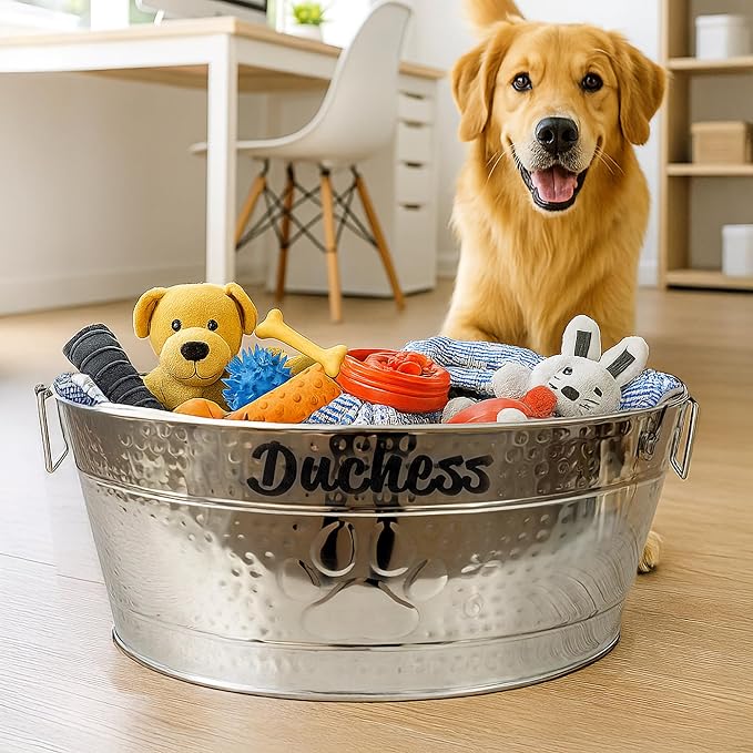 BREKX Personalized Metal Dog Toy Box - StainIess SteeI Storage Bin with Handles, Basket for Pet Toys, Dog Toy Box, Pet Storage - Custom Dog Name Gift