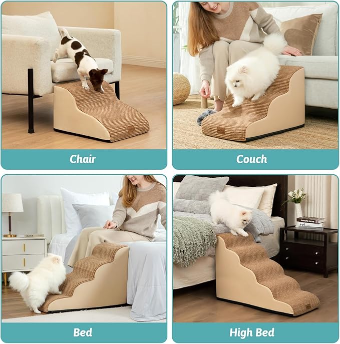 Dog Stairs for Small Dogs, Curved Dog Step for Puppy, Older or Cat, Medium Pet Ramp for Sofa, Couch or Bed, Ladder with High Density Foam, 15.7x28.3x19.7 inch, 4 Step, Light Brown