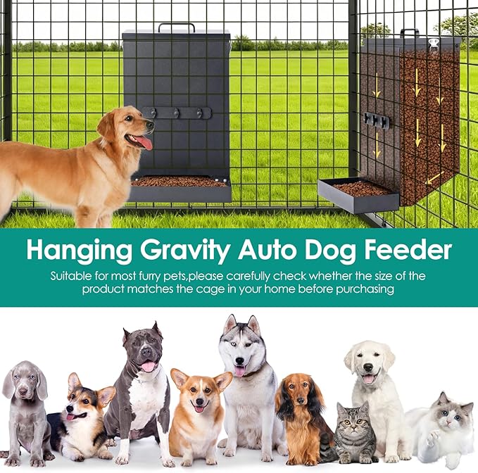 Hanging Cage Automatic Dog Feeder Large Breed,12L Dog Food Dispenser with Large Feeding Mouth Kennel-Gravity Pet Cage Feeder Galvanized Steel for Pet Crate & Metal Wire Kennel Indoor & Outdoor