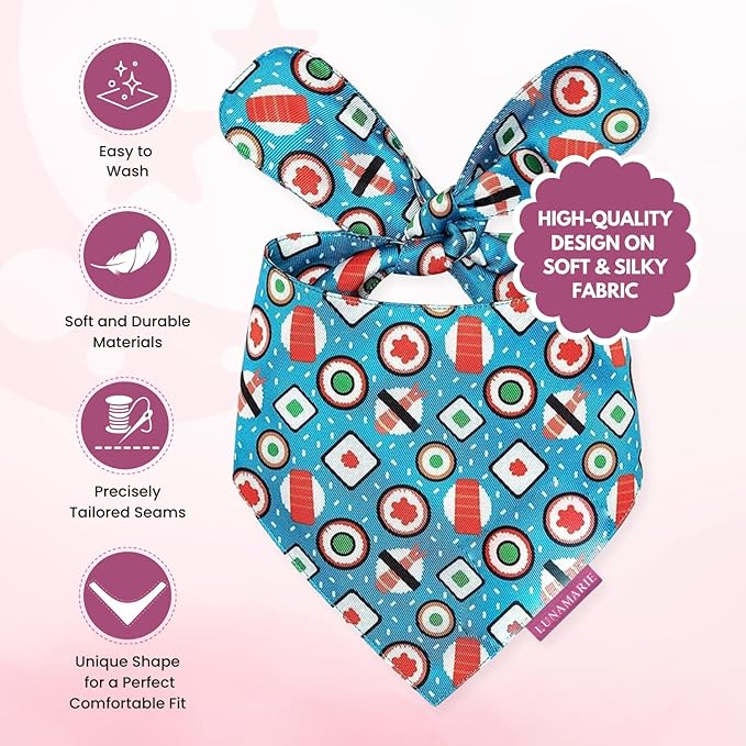 LunaMarie - Luxury Pet Birthday Bandanas -Premium & Silky Poly Fabric | 100% Handmade | Custom Shape Dual Layered (Sushi, Large)