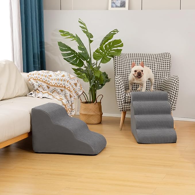 Dog Steps for Bed, 4-Step Dog Stairs Ramp for Small Dogs and Cats, Indoor Non-Slip Pet Stairs Suitable for Older, Short-Legged, and Puppy Dogs to Climb onto High Beds and Couch, 17.4" H,Grey