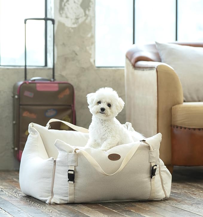 Dog Car Seat for Small Medium Large Dogs, Sofa Fabric&Eco-Friendly Microfiber Velboa, Detachable and Washable Travel Dog Booster with Thick Cushion (Vanilla Latte, L)