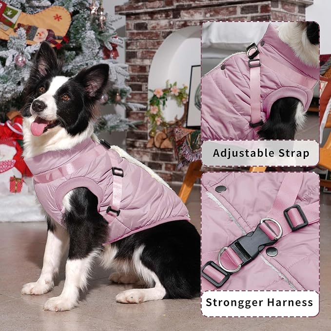 Dog Jacket with Harness,Fleece Lined Warm Puppy Coat for Winter,Soft Windproof Large Dog Vest,Light Pink XXXL