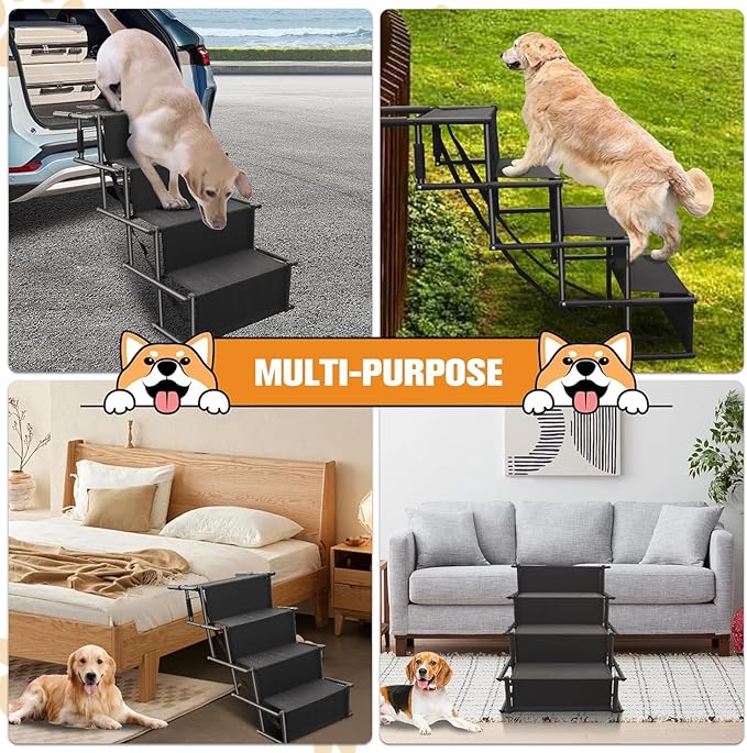 Dog Stairs for Large Dogs - Extra Wide Dog Steps for Car Big Size, SUV & Trucks - Glow in The Dark Marking - Foldable Dog ramp for Car - Non-Slip Surface - Dog ramps for Large Dogs - 4 Steps