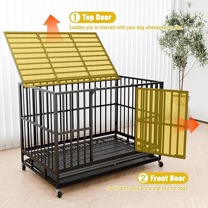 Escape-Proof Heavy Duty 38" Dog Crate, Indestructible Steel Kennel for Large & High-Anxiety Dogs with 300Lbs Capacity, Double Door Design with 4 Locking Wheels and Reinforced Baseplate.
