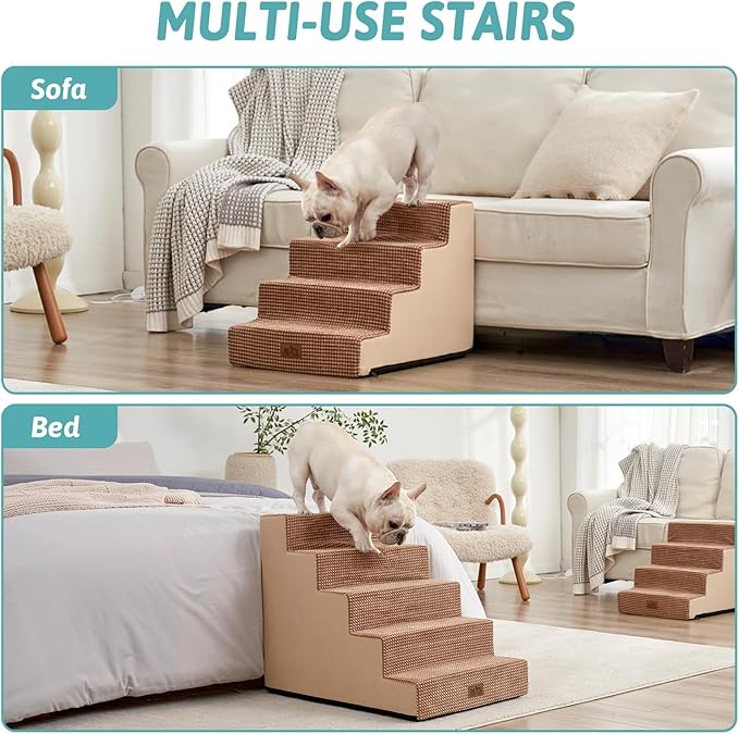 Dog Stairs for Small Dogs 5-Step, 19.7" Extra Wide Right-Angle Pet Stairs for Couch and Beds, Anti-Slip Dog Steps for Old Cats and Lowrider, 19.7x29.5x23.6 inch, Light Brown