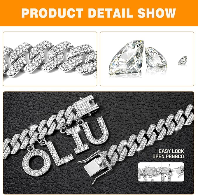 MUMUPET Custom Dog Collar Chain Golden Diamond Name Letters Cuban Style Collar Jewelry Secure Buckle Small Medium Dog Accessories