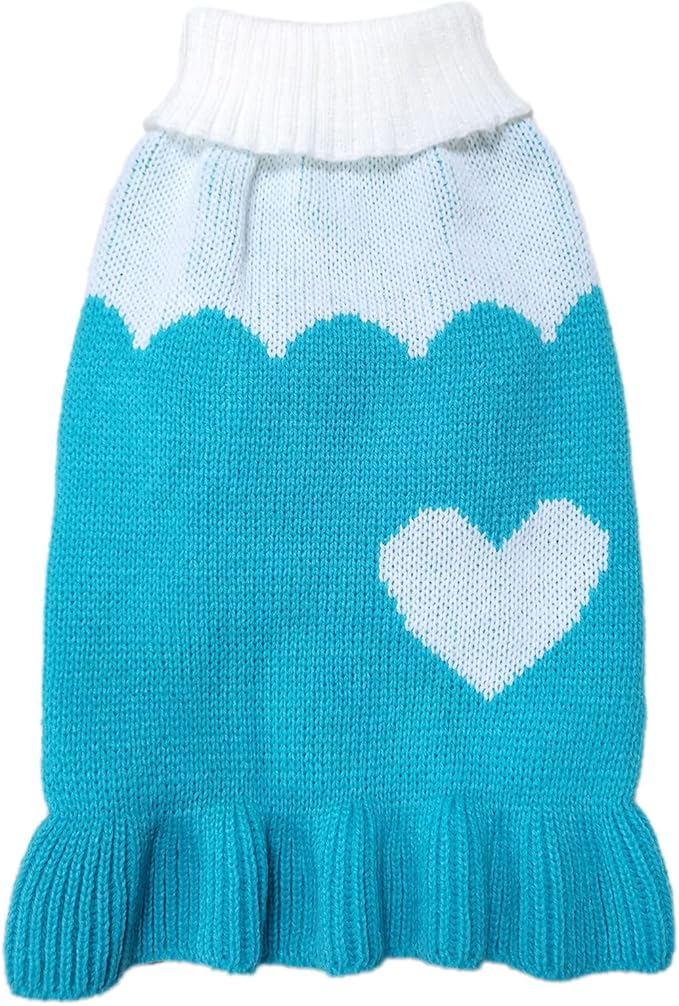 CHBORCHICEN Pet Dog Sweaters Classic Knitwear Turtleneck Winter Warm Puppy Clothing Cute Strawberry and Heart Doggie Sweater (L, Dress-Sky Blue)