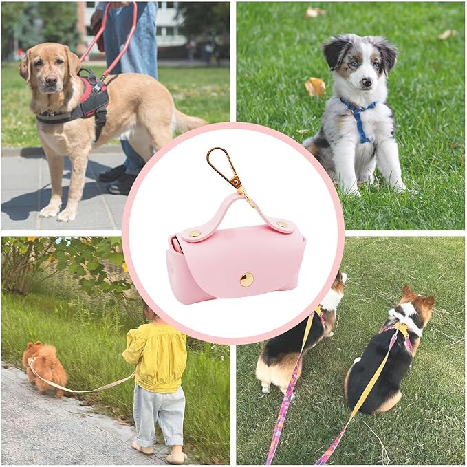 Leather Poop Bag Holder Dispenser for Leash, Portable and Reusable Dog Poop Dispenser, Dog Bag Holder for Walking, Outdoor, Travelling (Pink)
