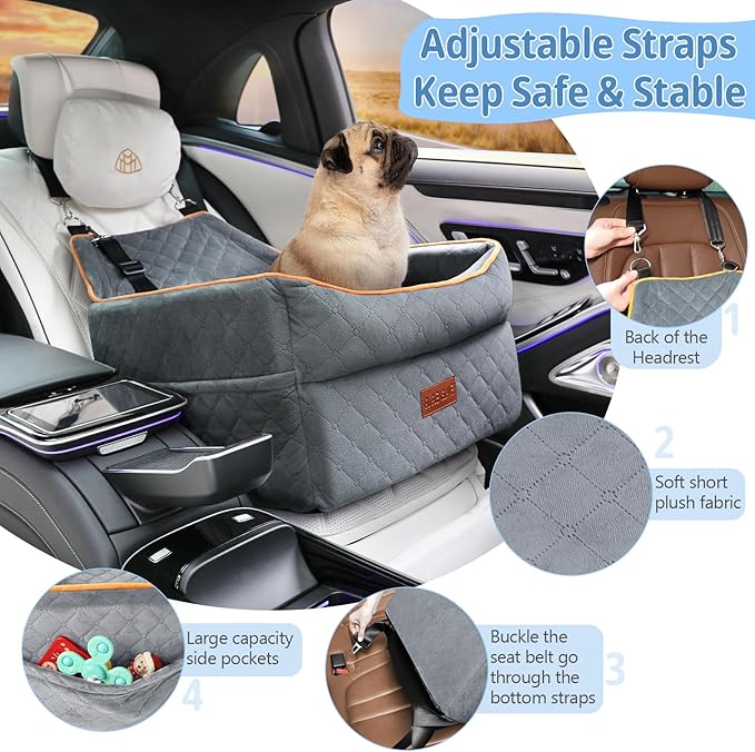Dog Car Seat for Small Medium Dogs, Memory Foam Dog Booster Car Seat for Pets Under 35 lbs, Anti-Slip Pet Carseat with 2 Adjustable Leashes, Elevated Dog Travel Bed with Storage Pockets