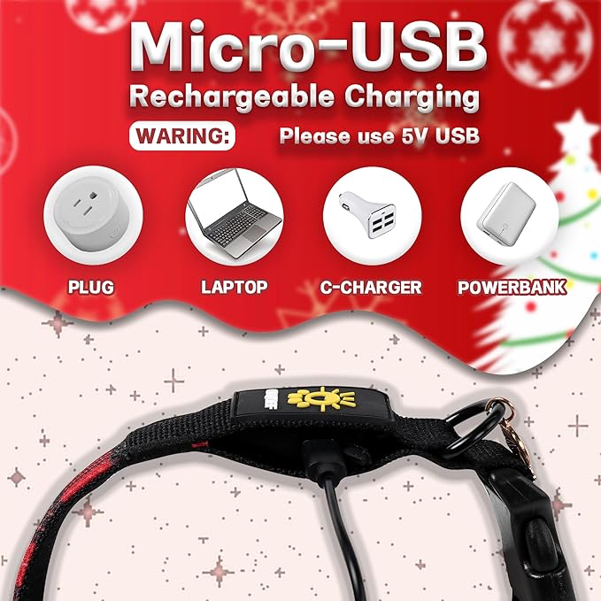 DOGWONG LED Dog Collar - Christmas Red Plaid Heavy Duty Light up Dog Collars - Rechargeable Waterproof - Lighted Dog Collars for Night Walking, Hiking, Camping(Red Plaid,M)