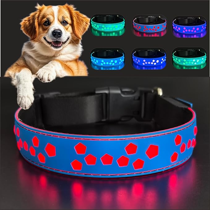 Personalized Light up Black Dog Collar with airtag Holder for Night Walk (Blue Collar 15 Modes Lighting, S(7.87-11.8"))