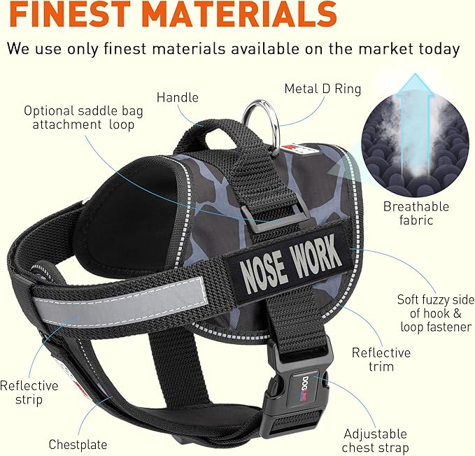 Dogline Unimax Dog Harness Vest with Nose Work Patches Reflective No-Pull, Adjustable Straps, Breathable Neoprene for Medical, Service, Identification and Training Dogs Girth 15 to 19" Giraffe Gray