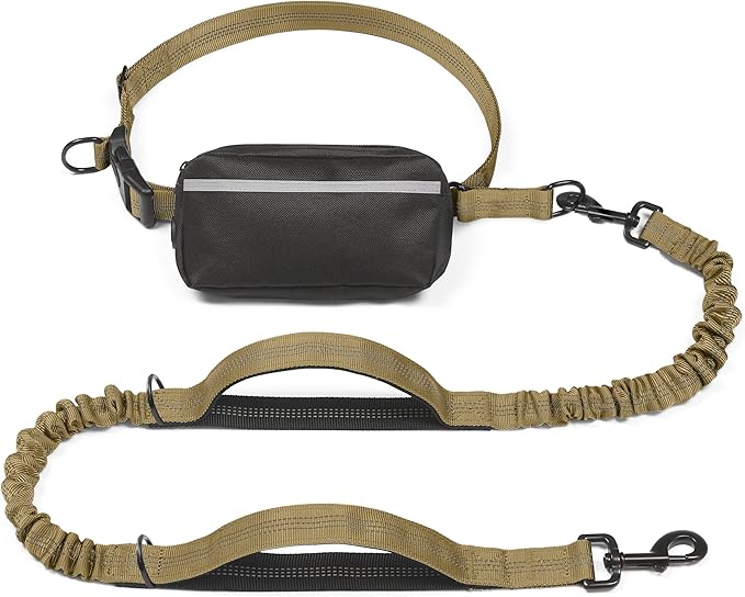 iYoShop Hands Free Dog Leash with Zipper Pouch, Dual Padded Handles and Durable Bungee for Walking, Jogging and Running Your Dog (Large, 25-120 lbs, Khaki)