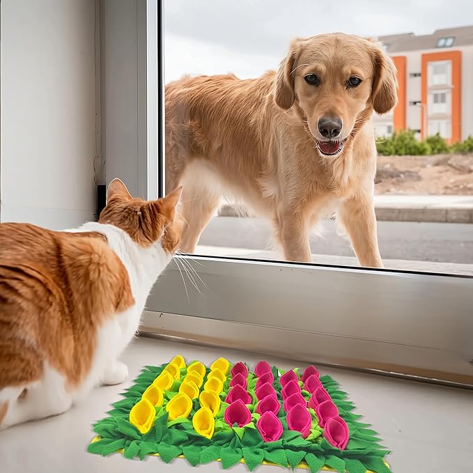 Snuffle Mat for Dogs, Cats, Rabbits, Guinea Pigs, Durable Washable Pet Feeding Mat, Flower & Grass Slow Feeder, Nose Work Training Pad, Anxiety Relief & Mental Stimulation(S, Yellow/Rose Red)