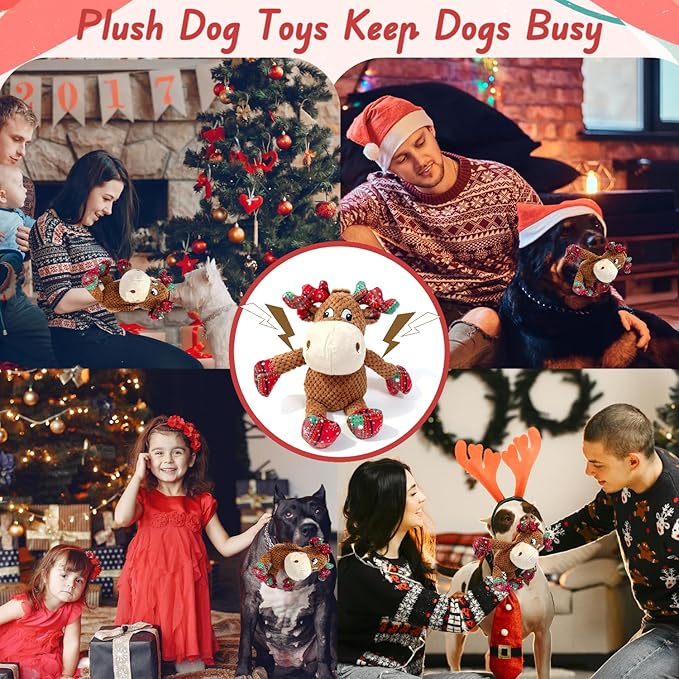 Christmas Dog Squeaky Toys with Crinkle, Xmas Interactive Plush Dog Toys, Dog Enrichment Chew Toys to Keep Them Busy, Dog Toys for Small Medium Large Dogs, Puppy Toys - Deer
