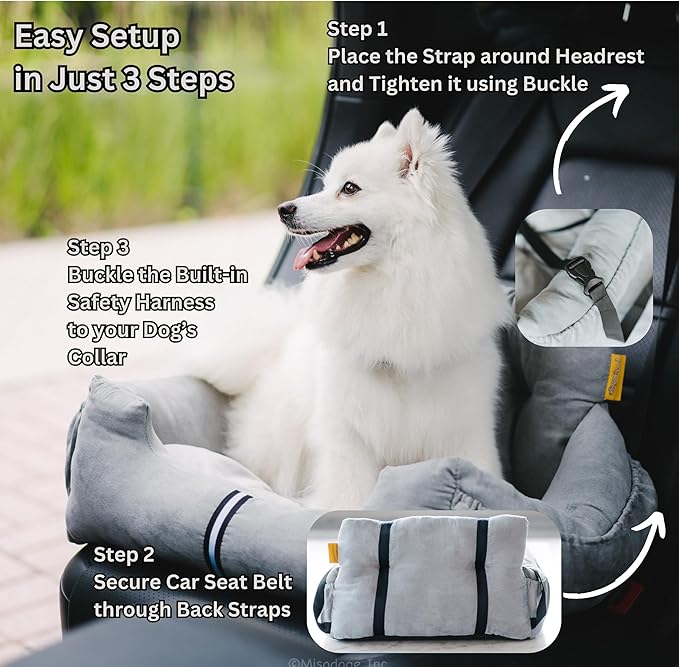 Futon Dog Car Bed for Small Dogs, Safety Seat Belt and Straps, Non-Slippery Bottom, Travel Bed, Elegant Design, Perfect for Dogs Under 25 Lbs