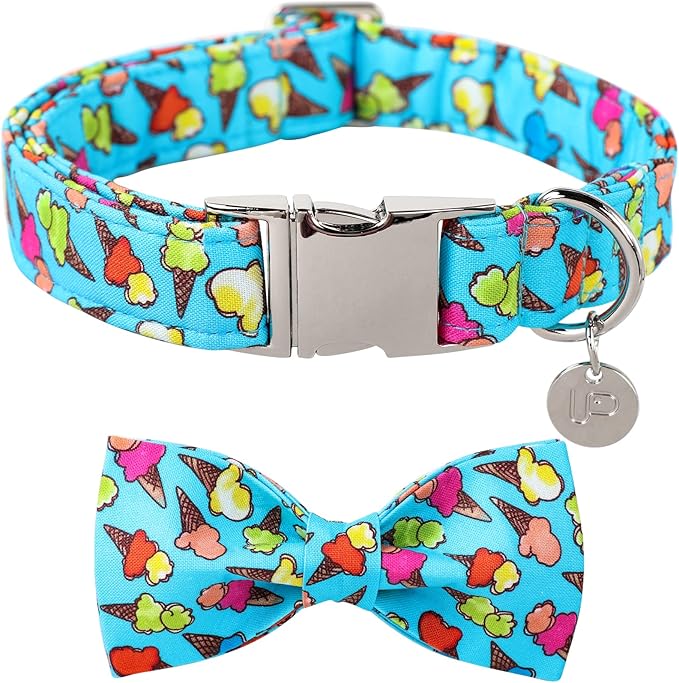 Summer Dog Collar with Bow Tie, Cotton Cute Bowtie Dog Collar, Summer Bowtie Collar for Small Boy Girl Dog, Comfortable Blue Dog Collar with Metal Buckle, S
