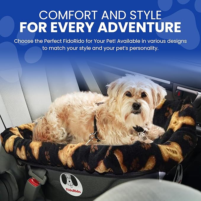FidoRido Dog Car Seat - Pet Booster Seat for Small to Large Dogs with Comfortable Cushions, Sherpa Cover, and Safety Straps, Easy to Install, Ideal for Travel, Black with Tan Bones - Large Harness
