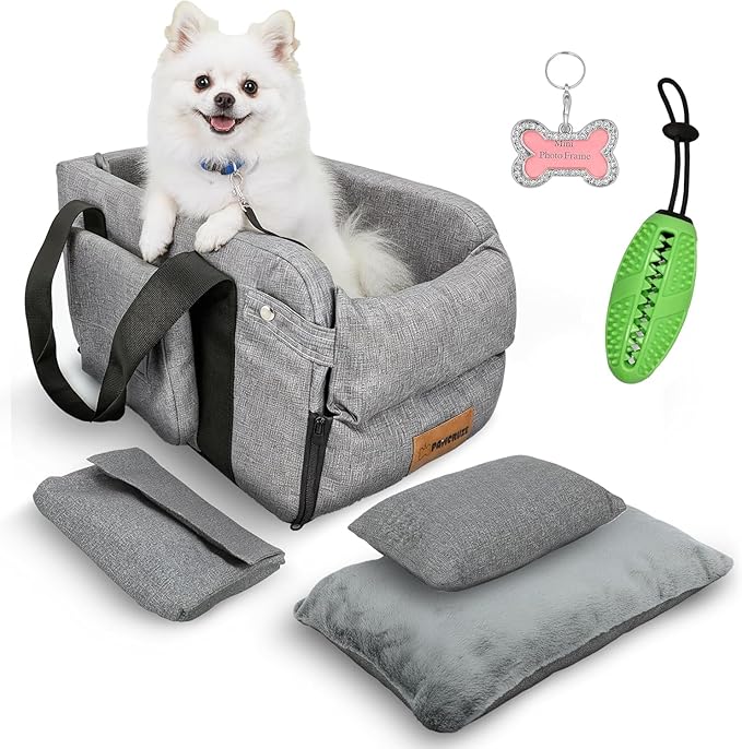 Center Console Dog Car Seat for Small Dogs & Puppies - Travel Carrier for Console with Built-in Safety Leash, Foldable Design, Dual-Sided Cushion, Puppy Booster & Bonus Yellow Chew Toy (Green)