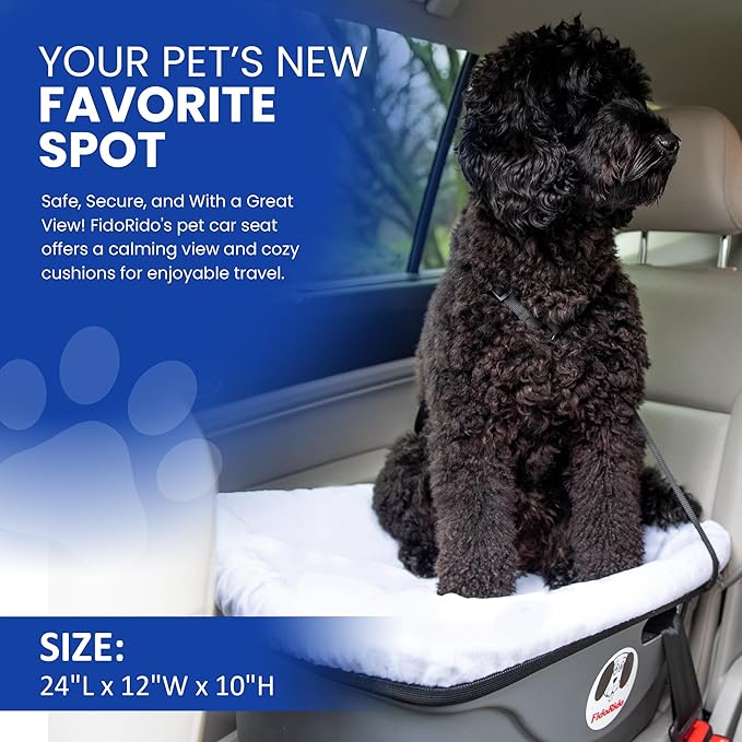 FidoRido Dog Car Seat - Pet Booster Seat for Small to Large Dogs with Comfortable Cushions, Sherpa Cover, and Safety Straps, Easy to Install, and Ideal for Travel, White Sherpa - Large Harness